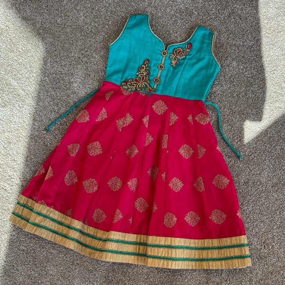 Girls Teal and Pink Embroidered Festive Dress